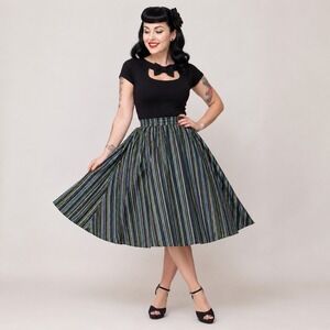 Pinup‎ Couture Bella Vintage Skirt XL Blue Cabana Stripe Gathered Swing Skirt